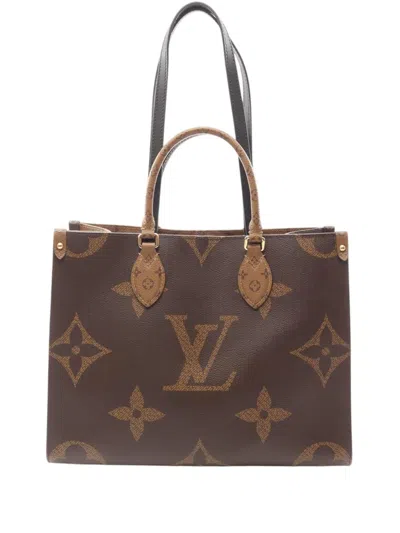 Pre-owned Louis Vuitton 2020 Monogram Reverse Giant Onthego Mm Satchel In Brown