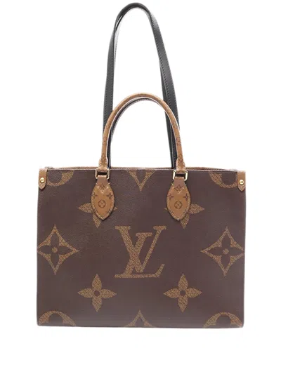 Pre-owned Louis Vuitton 2020 Monogram Reverse Giant Onthego Mm Satchel In Brown