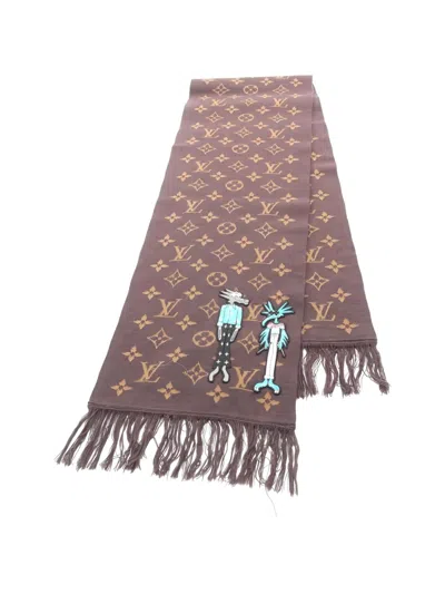 Pre-owned Louis Vuitton 2020 Zoooom Adventures With Friends Monogram Fringe Scarf In Brown