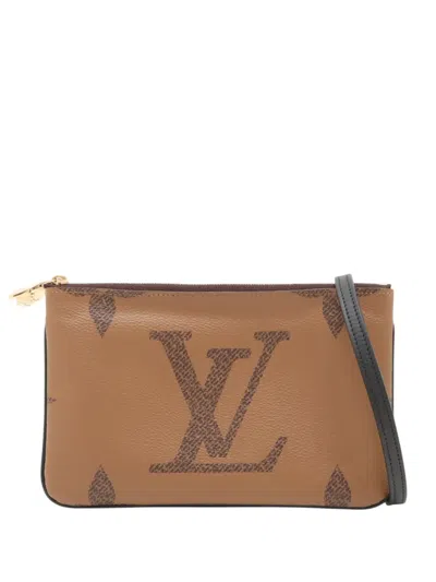 Pre-owned Louis Vuitton 2020-2026 Monogram Giant Reverse Double Zip Pochette Crossbody Bag In Brown