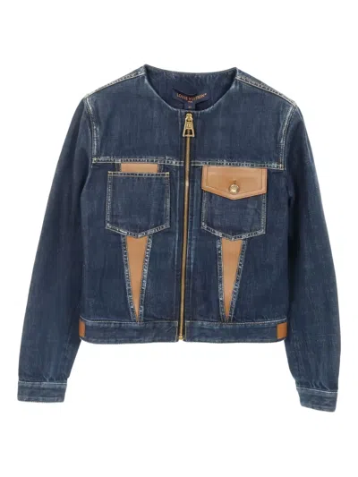 Pre-owned Louis Vuitton 2020s Leather-panel Collarless Denim Jacket In Blue