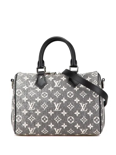 Pre-owned Louis Vuitton 2021-2024 Monogram Jacquard Denim Speedy Bandouliere 25 Satchel In Grey