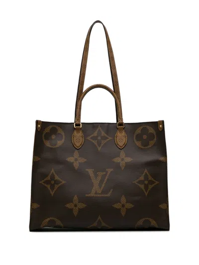Pre-owned Louis Vuitton 2021-2024 Monogram Reverse Giant Onthego Gm Satchel In Brown