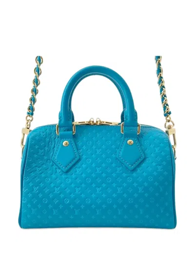 Pre-owned Louis Vuitton 2021-2025 Embossed Calfskin Nanogram Speedy Bandouliere 20 Satchel In Blue