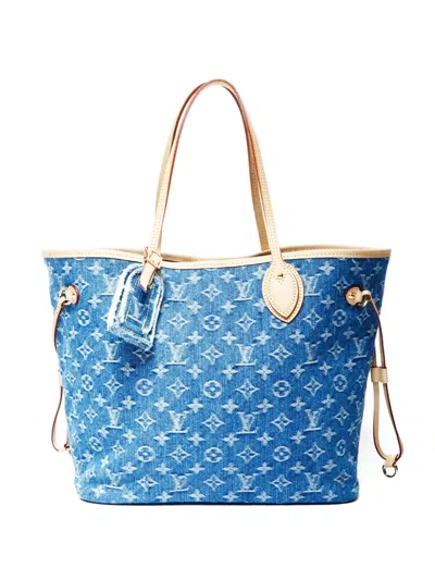 Pre-owned Louis Vuitton 2021-2025 Mm Neverfull Monogram Tote Bag In Blue