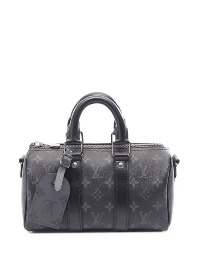 Pre-owned Louis Vuitton 2021-2025 Monogram Eclipse Keepall Bandouliere 25 Satchel In Black