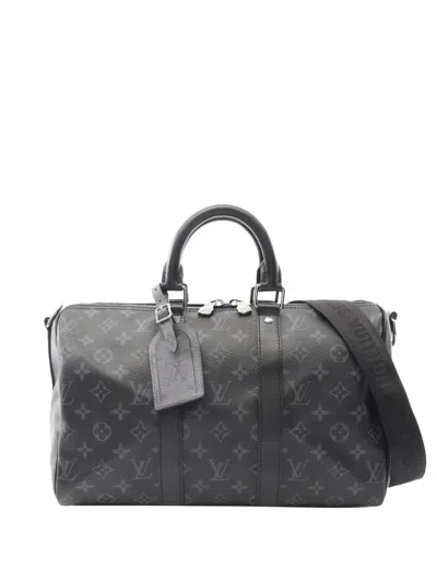 Pre-owned Louis Vuitton 2021-2025 Monogram Eclipse Keepall Bandouliere 35 Satchel In Black