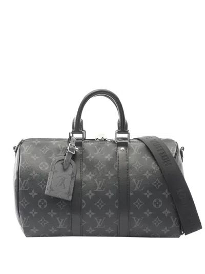 Pre-owned Louis Vuitton 2021-2025 Monogram Eclipse Keepall Bandouliere 35 Satchel In Black