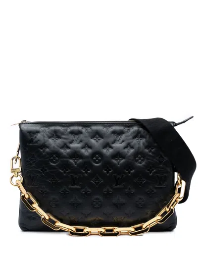 Pre-owned Louis Vuitton 2021-2025 Monogram Embossed Puffy Lambskin Coussin Mm Satchel In Black