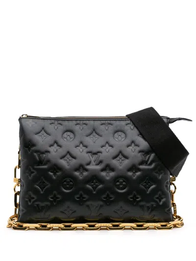 Pre-owned Louis Vuitton 2021-2025 Monogram Embossed Puffy Lambskin Coussin Pm Satchel In Black