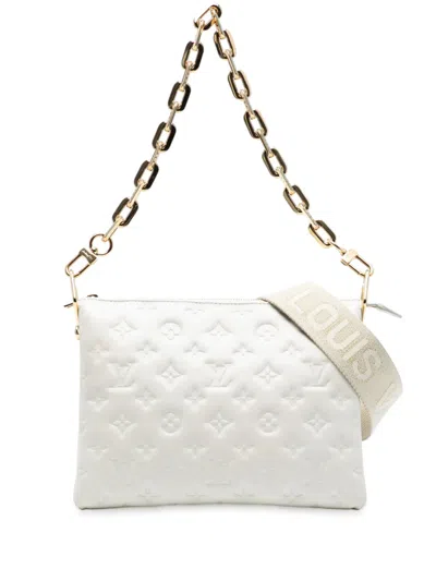 Pre-owned Louis Vuitton 2021-2025 Monogram Embossed Puffy Lambskin Coussin Pm Satchel In White