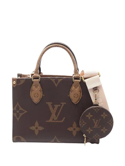 Pre-owned Louis Vuitton 2021-2025 Monogram Reverse Giant Onthego Pm Satchel In Brown