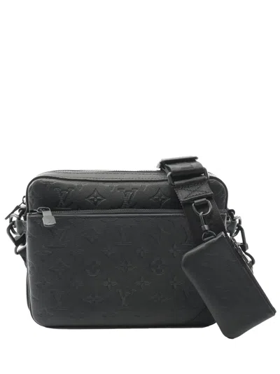 Pre-owned Louis Vuitton 2021-2025 Monogram Shadow Trio Messenger Crossbody Bag In Black
