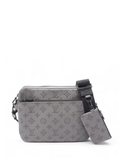 Pre-owned Louis Vuitton 2021-2025 Monogram Shadow Trio Messenger Crossbody Bag In Gray
