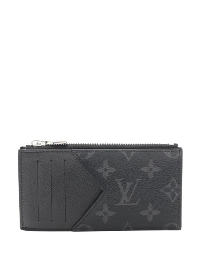 Pre-owned Louis Vuitton 2021-2025 Monogram Taigarama Coin Card Holder In Black