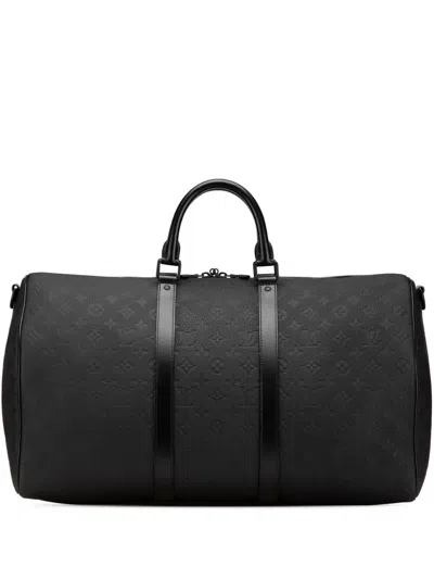 Pre-owned Louis Vuitton 2021-2025 Monogram Taurillon Keepall Bandouliere 50 Travel Bag In Black