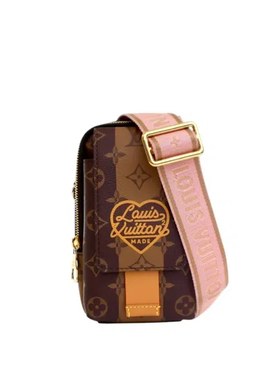 Pre-owned Louis Vuitton 2021-2025 Nigo Monogram Reverse Double Phone Pouch Crossbody Bag In Brown