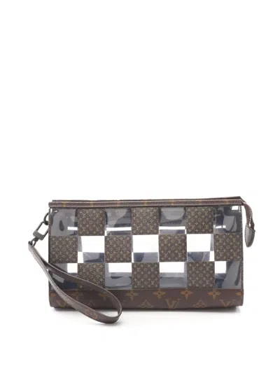 Pre-owned Louis Vuitton 2021-2025 Pvc And Monogram Chess Standing Pouch Clutch Bag In Brown