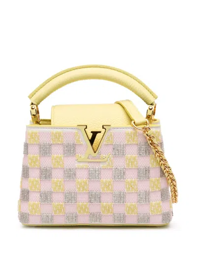 Pre-owned Louis Vuitton 2021-2025 Smooth Calfskin Beaded Mini Capucines Satchel In Yellow