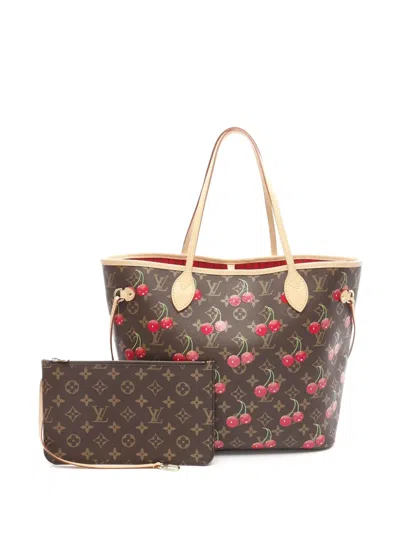 Pre-owned Louis Vuitton 2021-2025 Takashi Murakami Monogram Cherry Neverfull Mm Tote Bag In Brown