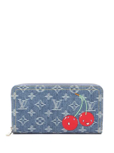 Pre-owned Louis Vuitton 2021-2025 Takashi Murakami Monogram Denim Cherry Zippy Wallet Long Wallets In Blue