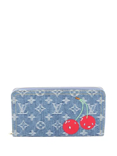 Pre-owned Louis Vuitton 2021-2025 Takashi Murakami Monogram Denim Cherry Zippy Wallet Long Wallets In Blue