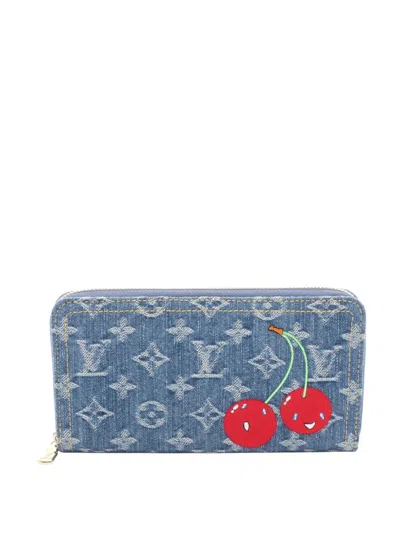 Pre-owned Louis Vuitton 2021-2025 Takashi Murakami Monogram Denim Cherry Zippy Wallet Long Wallets In Blue