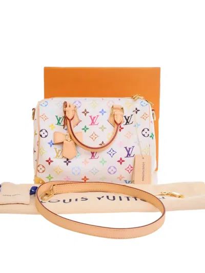 Pre-owned Louis Vuitton 2021-2025 Takashi Murakami Monogram Multicolore Speedy Bandouliere 25 Boston Bag In White