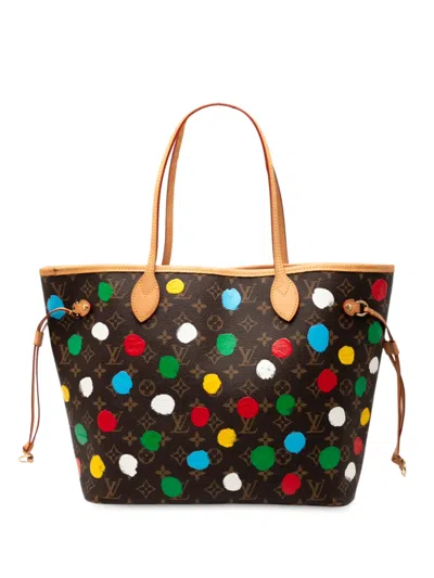 Pre-owned Louis Vuitton 2021-2025 Yayoi Kusama Monogram Painted Dots Neverfull Mm Tote Bag In Brown