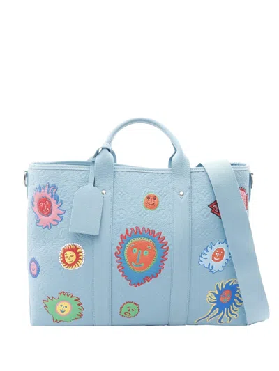 Pre-owned Louis Vuitton 2021-2025 Yayoi Kusama Monogram Taurillon Weekend Tote Satchel In Blue