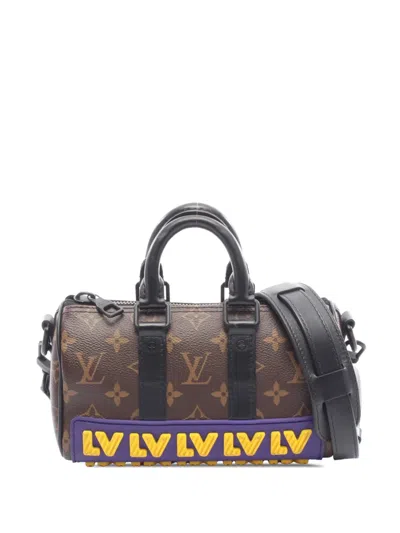 Pre-owned Louis Vuitton 2021-2026 Monogram Keepall Lv Rubber Bandouliere Xs Satchel In Brown