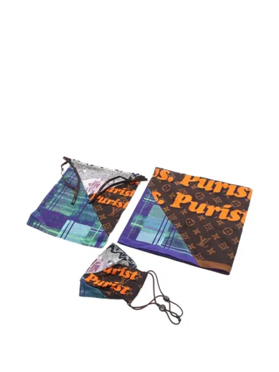 Pre-owned Louis Vuitton 2021 Collage-print Mask Pouch Bandana Set In Brown
