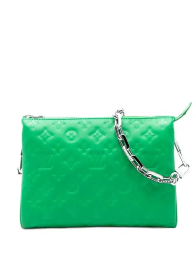 Pre-owned Louis Vuitton 2021 Monogram Embossed Puffy Lambskin Coussin Pm Satchel In Green