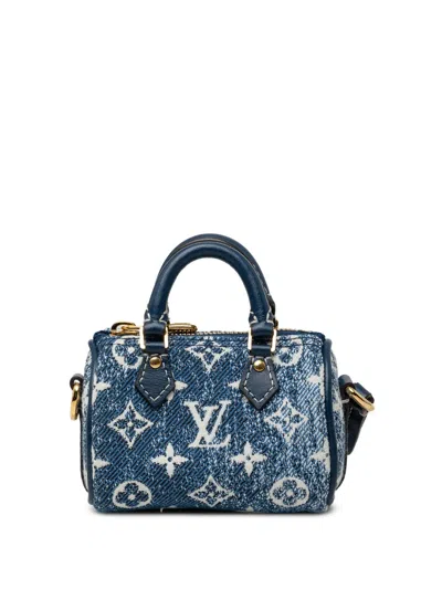 Pre-owned Louis Vuitton 2021 Monogram Jacquard Denim Micro Speedy Bag Charm Key Chain In Blue
