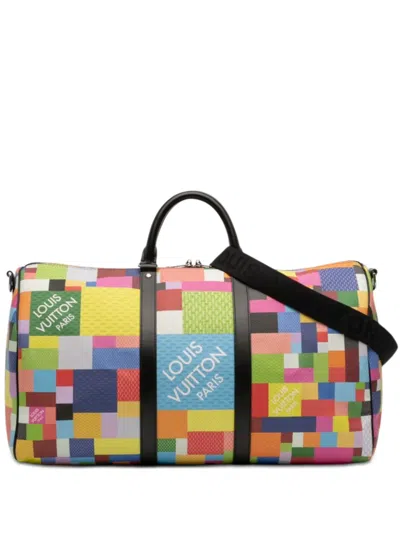 Pre-owned Louis Vuitton 2021 Multicolor Damier Graphite 3d Keepall Bandouliere 50 Travel Bag In Black