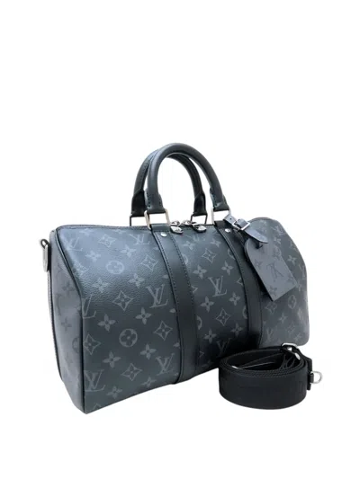 Pre-owned Louis Vuitton 2021-2025 Monogram Eclipse Keepall Bandouliere 35 Satchel In Black