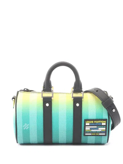 Pre-owned Louis Vuitton 2021-2026 Damier Stripe Keepall Bandouliere Xs Satchel In Green