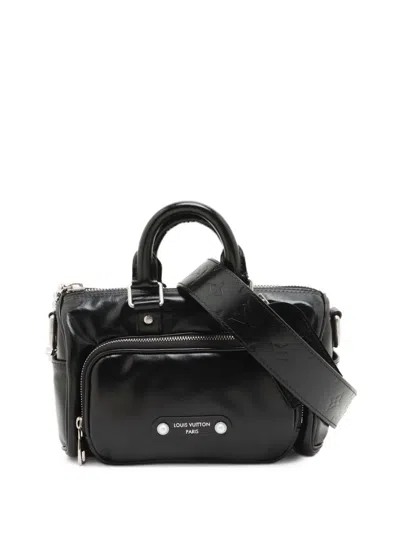 Pre-owned Louis Vuitton 2021-2026 Glossy Calfskin Keepall Cargo Bandouliere 25 Satchel In Black