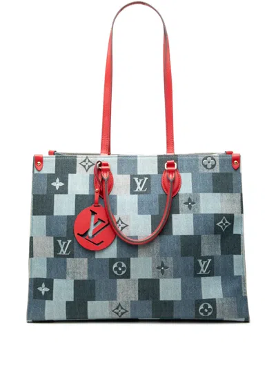 Pre-owned Louis Vuitton 2021-2026 Monogram Denim Onthego Gm Satchel In Blue