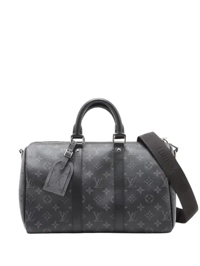 Pre-owned Louis Vuitton 2021-2026 Monogram Eclipse Keepall Bandouliere 35 Satchel In Black