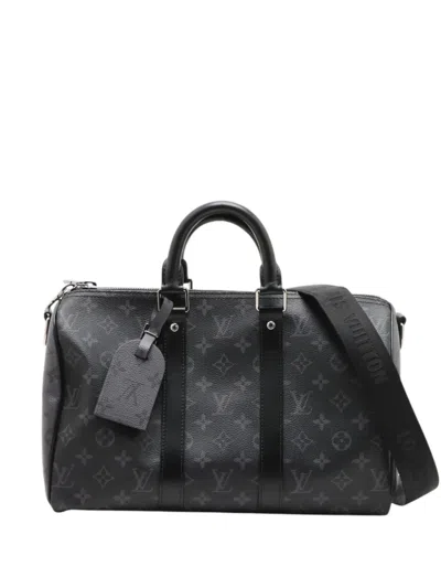 Pre-owned Louis Vuitton 2021-2026 Monogram Eclipse Keepall Bandouliere 35 Satchel In Black