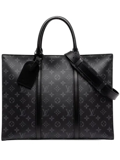Pre-owned Louis Vuitton 2021-2026 Monogram Eclipse Sac Plat Horizontal Zipper Satchel In Black