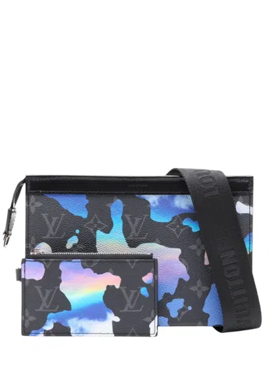 Pre-owned Louis Vuitton 2021-2026 Monogram Eclipse Sunrise Gaston Wearable Wallet Crossbody Bag In Black