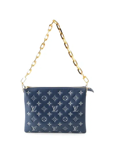 Pre-owned Louis Vuitton 2021-2026 Monogram Embossed Denim Lambskin Coussin Pm Satchel In Blue