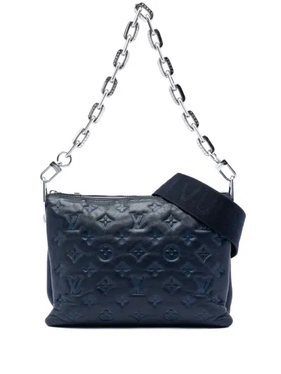 Pre-owned Louis Vuitton 2021-2026 Monogram Embossed Puffy Lambskin Coussin Pm Satchel In Blue