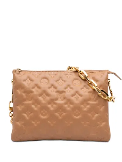 Pre-owned Louis Vuitton 2021-2026 Monogram Embossed Puffy Lambskin Coussin Pm Satchel In Brown