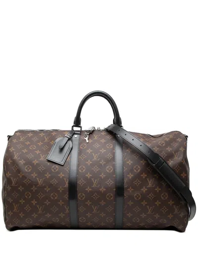 Pre-owned Louis Vuitton 2021-2026 Monogram Macassar Keepall Bandouliere 55 Travel Bag In Brown