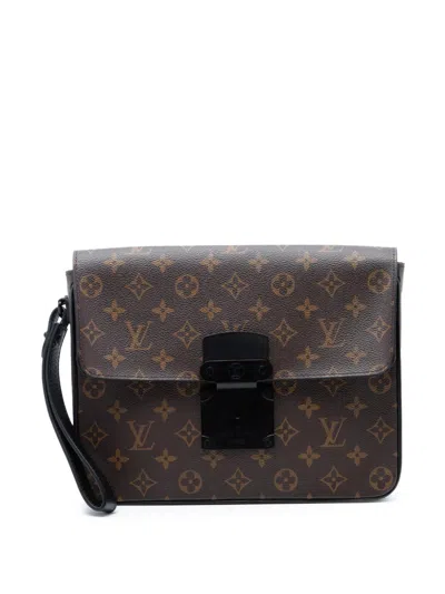 Pre-owned Louis Vuitton 2021-2026 Monogram Macassar S Lock A4 Pouch Clutch Bag In Brown