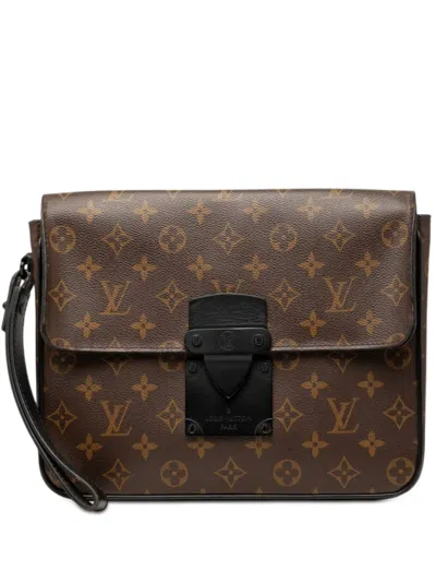 Pre-owned Louis Vuitton 2021-2026 Monogram Macassar S Lock A4 Pouch Clutch Bag In Brown
