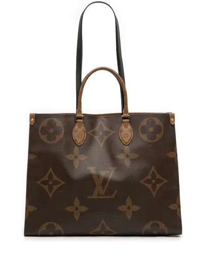 Pre-owned Louis Vuitton 2021-2026 Monogram Reverse Giant Onthego Gm Satchel In Brown